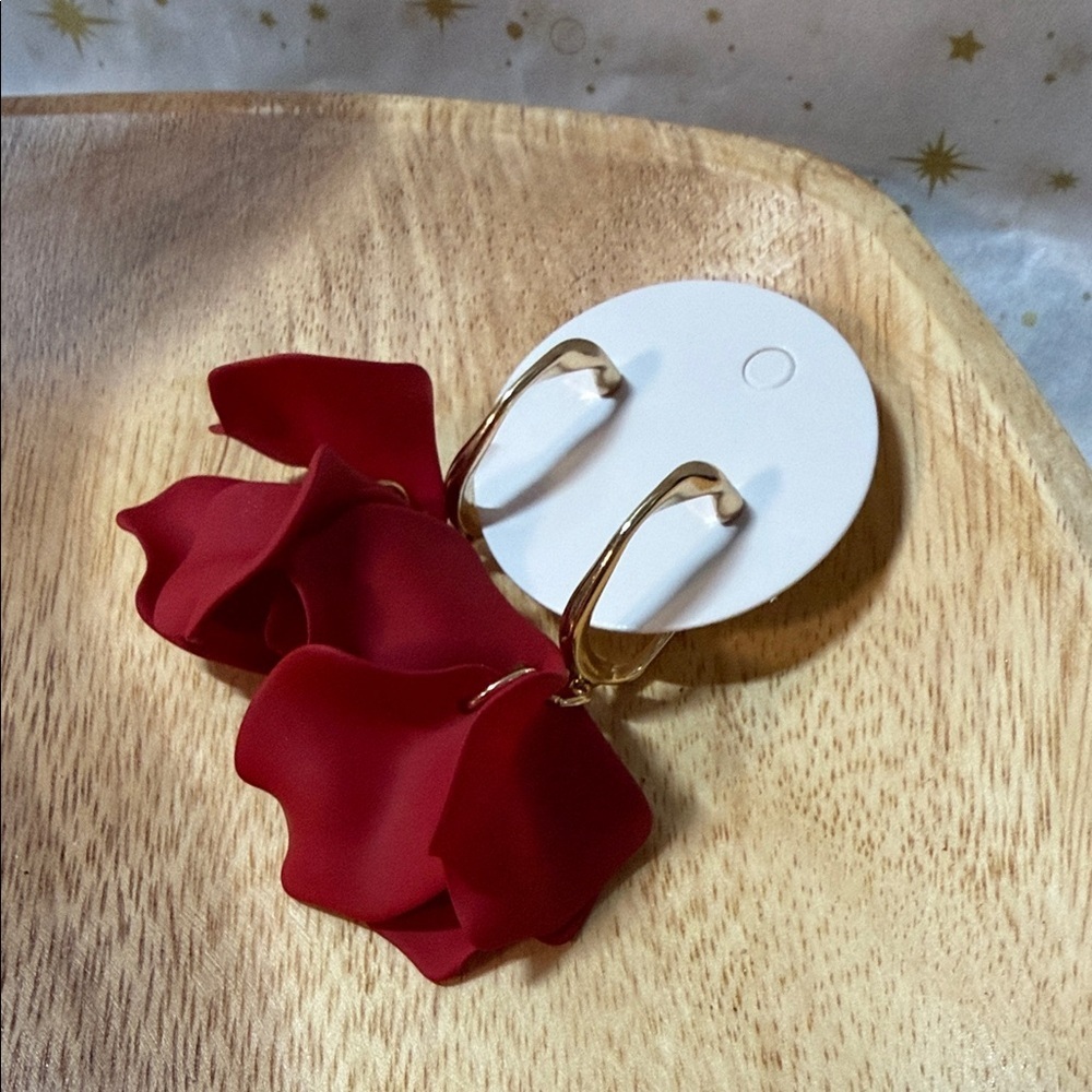 Gold Hoop Earrings with Red Floral Petal Dangles